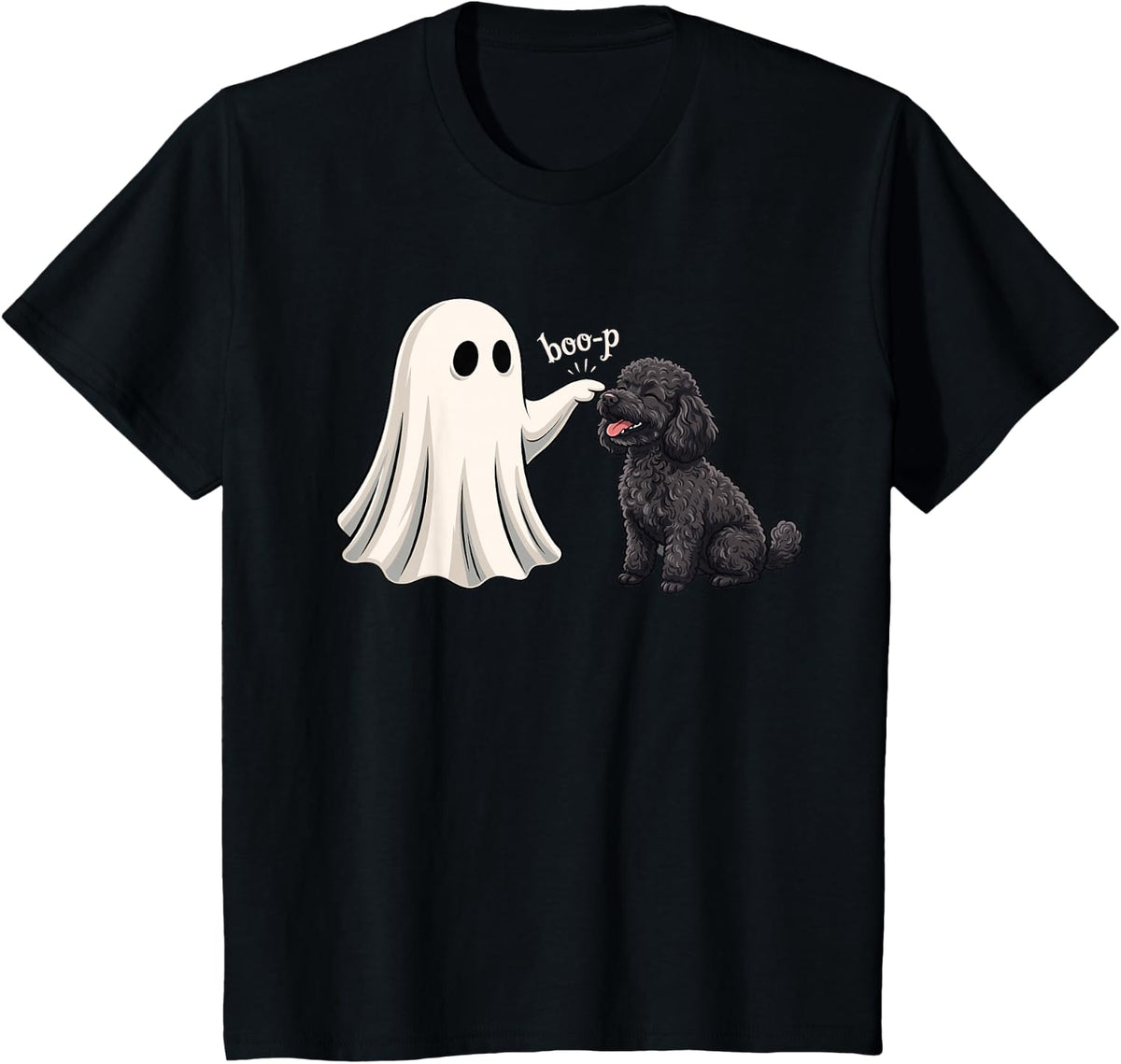 Cute Ghost Booping Toy Black Poodle Halloween T-Shirt - Black