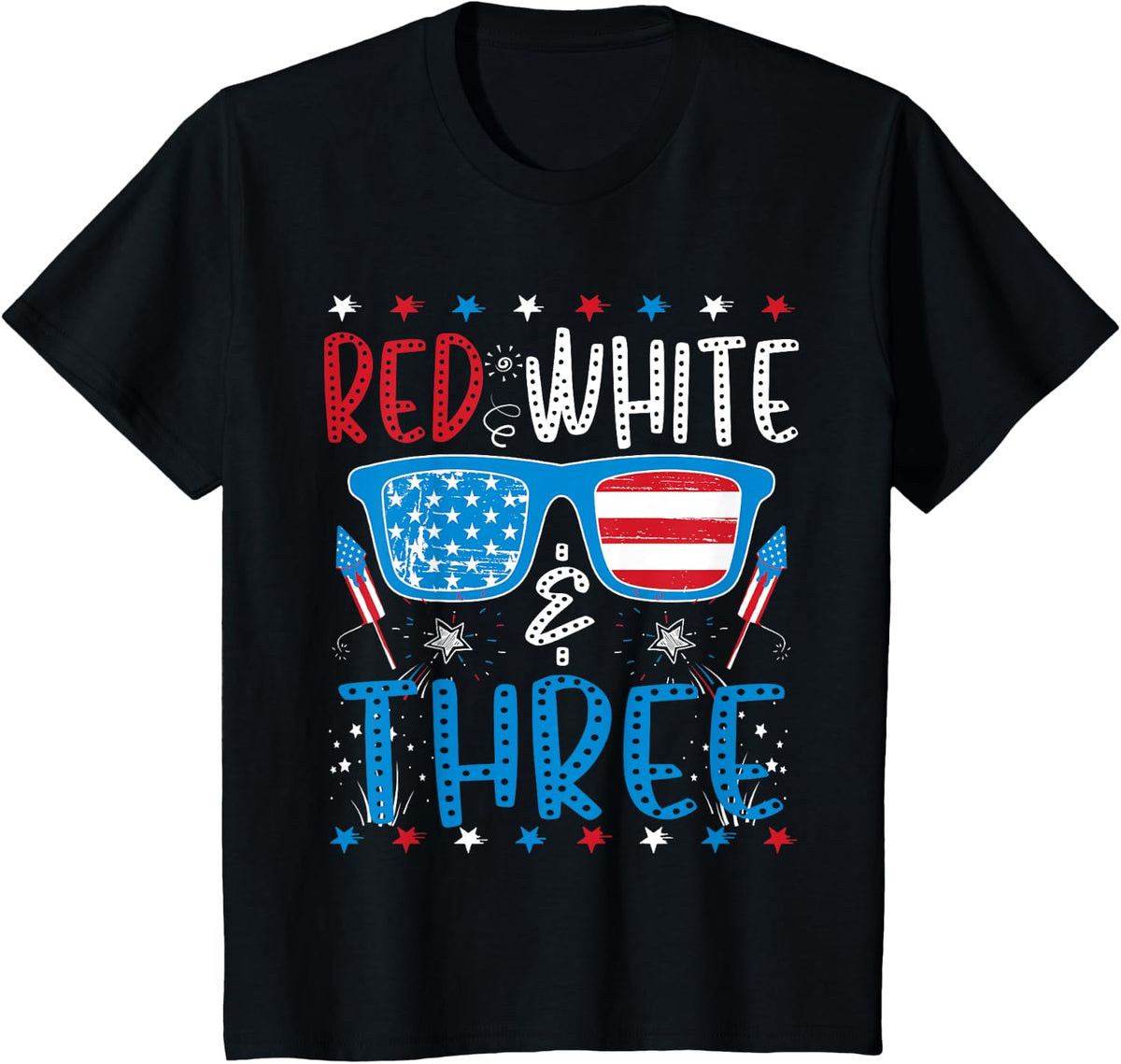 Kids Red White & Three Funny 3rd Birthday 4th Of July Boys Girls T-Shirt - Black