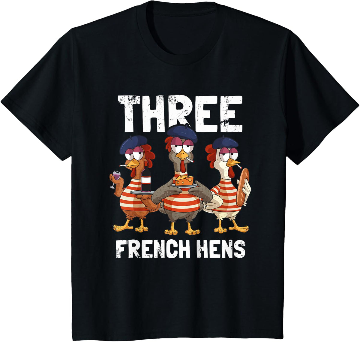 Be Kind Christmas Apparel Co. Three French Chickens Funny Christmas Carol Partridge Black Unisex-Adults T-Shirt - Black
