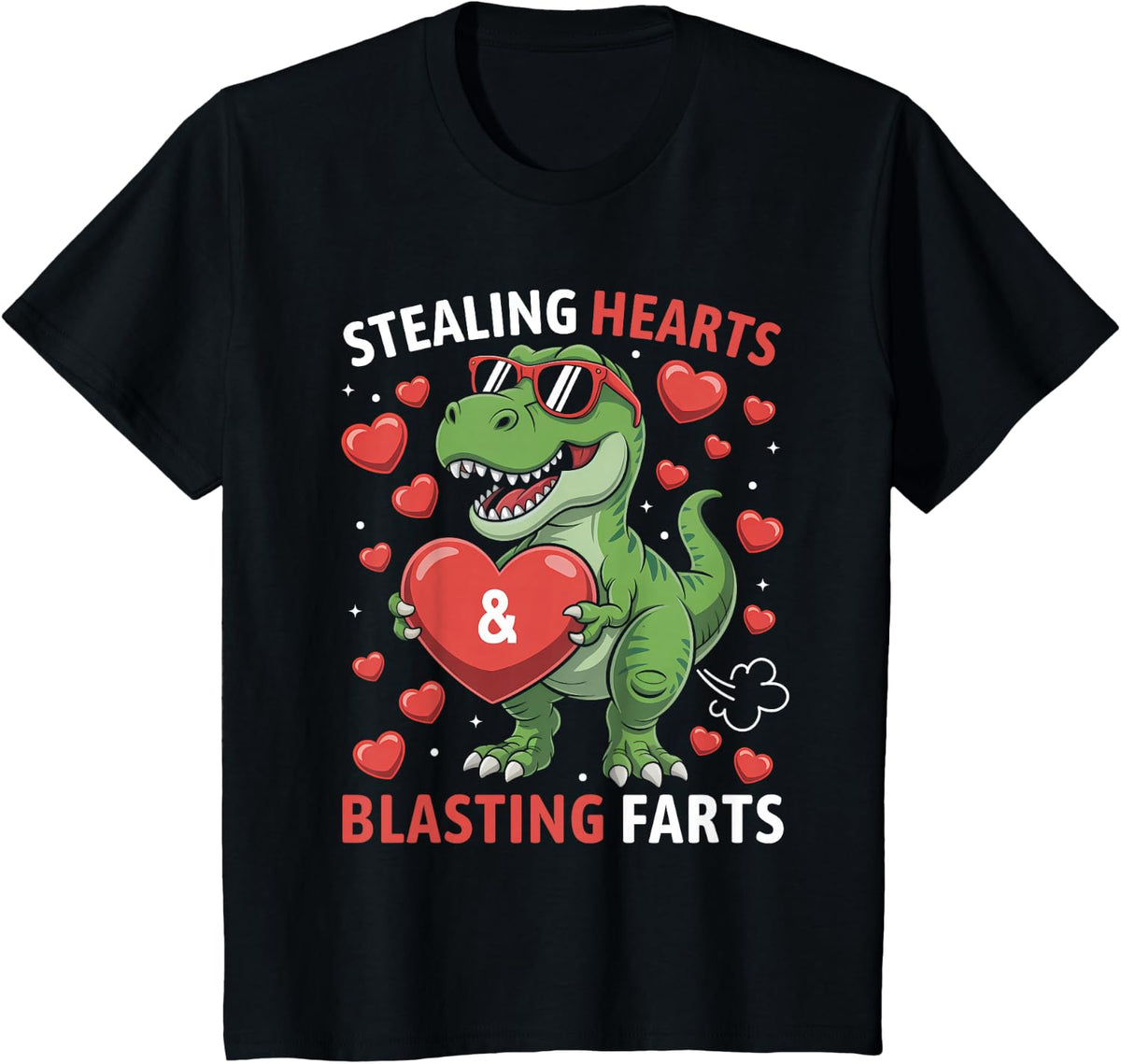 Stealing Hearts and Blasting Farts Kids Valentines Dinosaur T-Shirt - Black