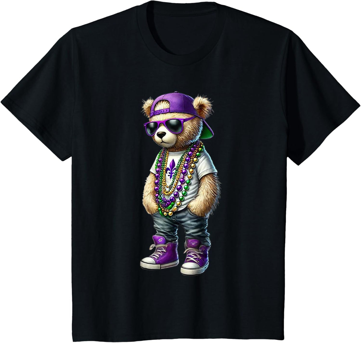 Mardi Gras Teddy Bear For Boys Men Hip Hop New Orleans Tee T-Shirt - Black
