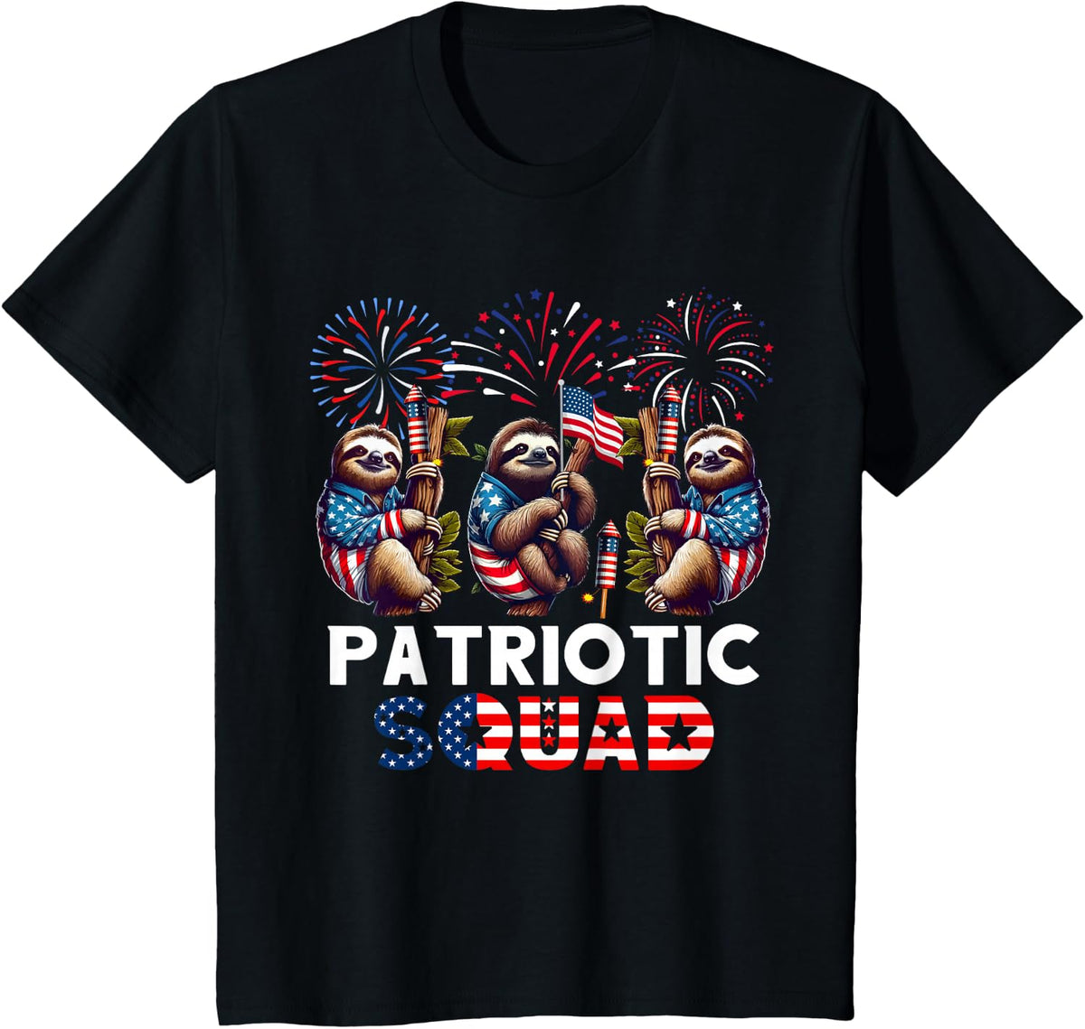 Patriotic Squad Three Cute Sloths 4th Of July Fireworks T-Shirt - Black