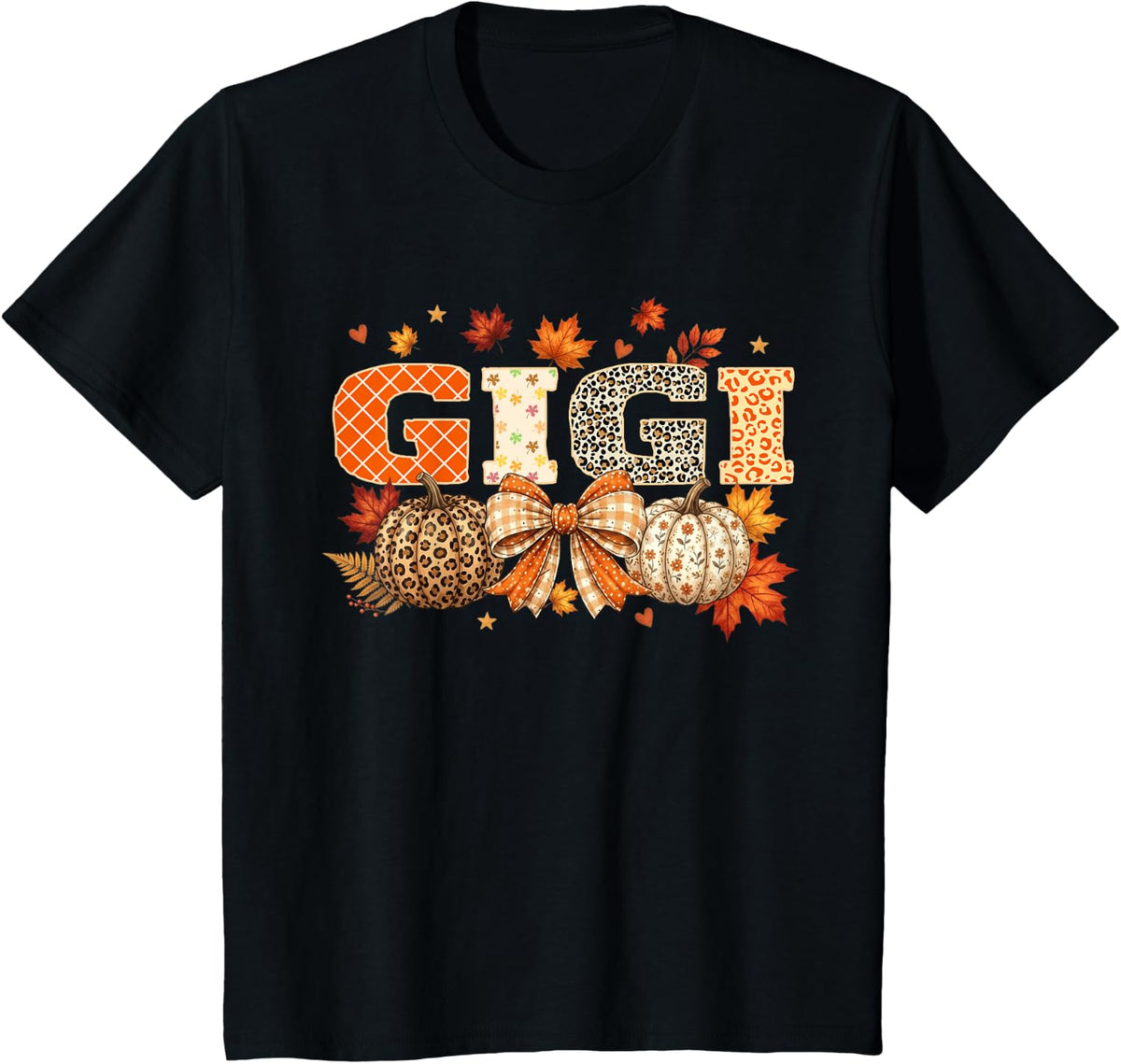 Retro Leopard Gigi Fall Pumpkin Thanksgiving T-Shirt - Black