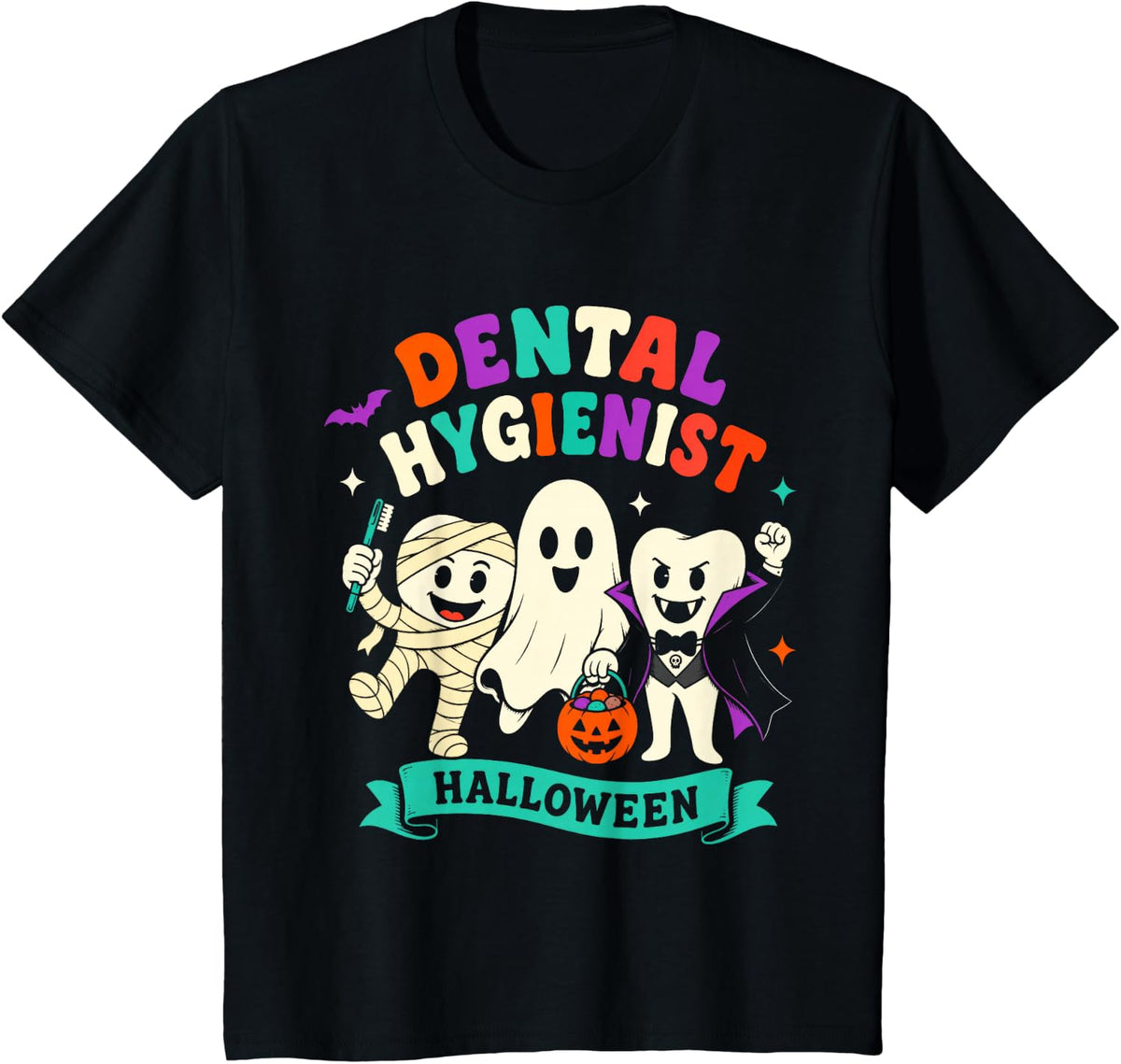 Dental Hygienist Halloween Cute Ghost Mummy Vampire Teeth T-Shirt - Black