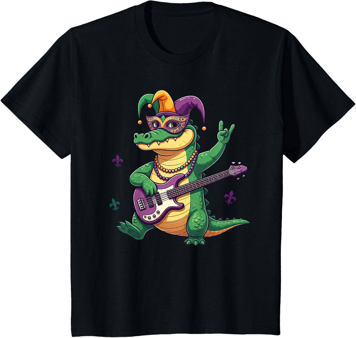 Bass Guitar Alligator Crocodile Mardi Gras Womens Mens Kids T-Shirt - Black