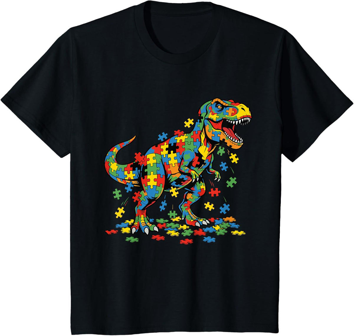 Autism Awareness Dinosaur T-Shirt Colorful Puzzle Autistic T Rex Tee - Black
