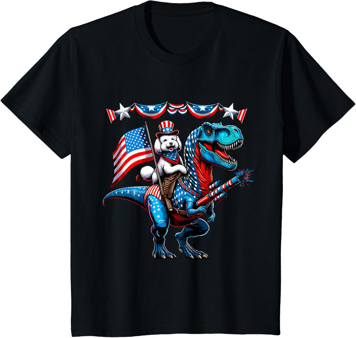 Patriotic Poodle T-Rex Dinosaur Fireworks USA American Flag T-Shirt - Black