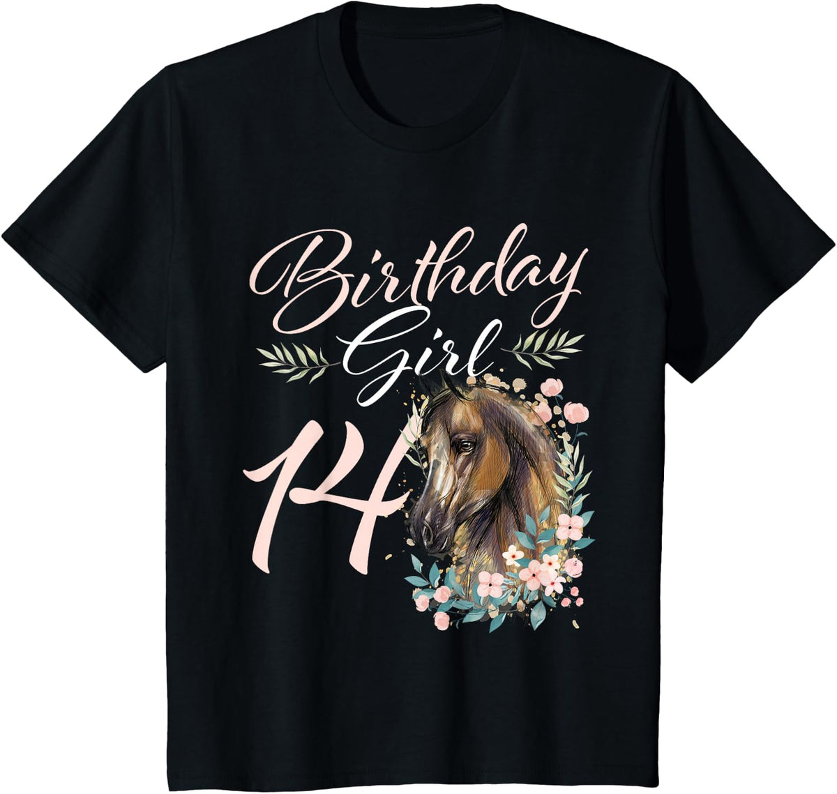14th Birthday Girl Horse Lover 14 Years Old Bday T-Shirt - Black