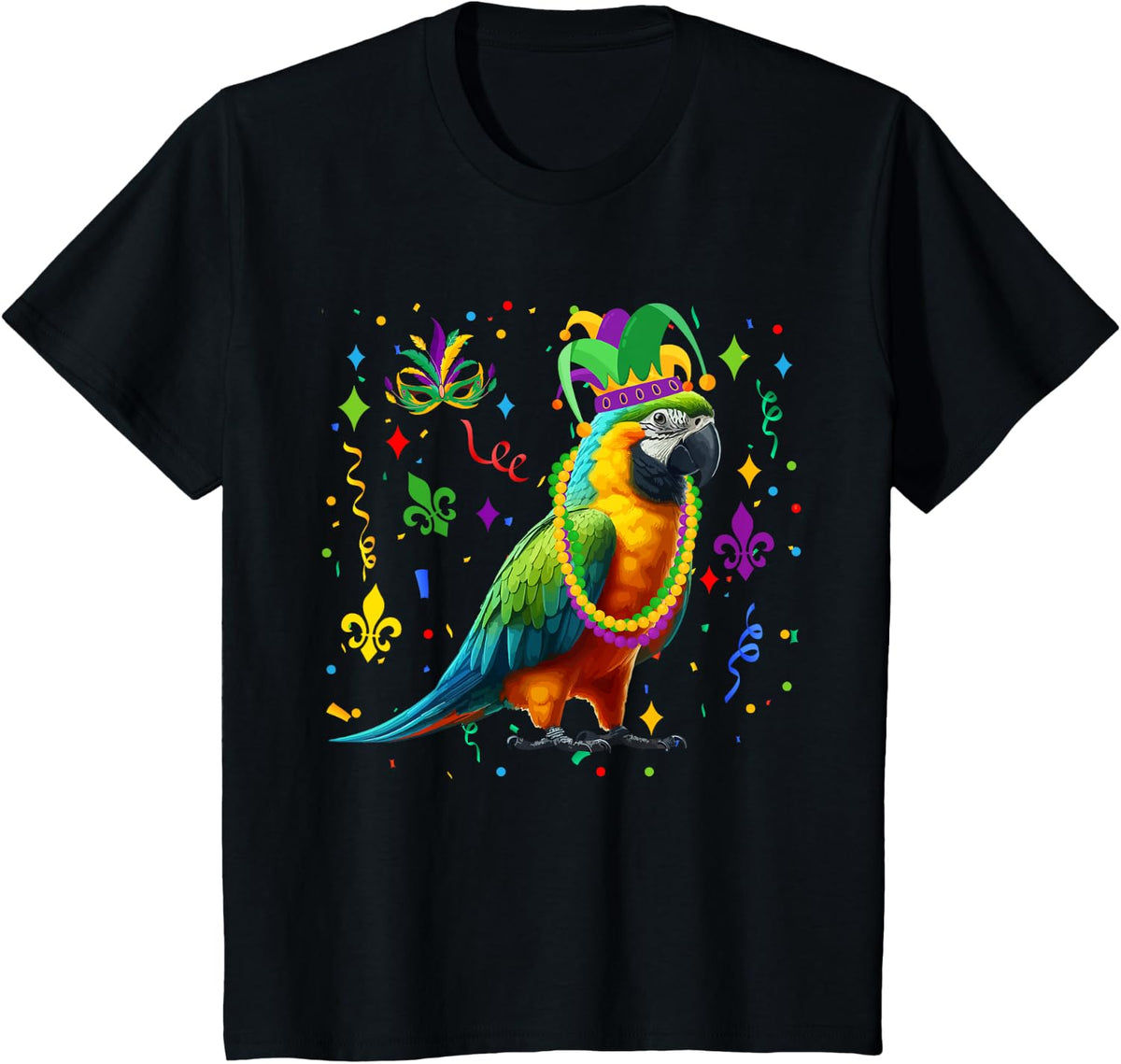 Parrot Wearing Mardi Gras Beads Jester Hat Masked Parades T-Shirt - Black