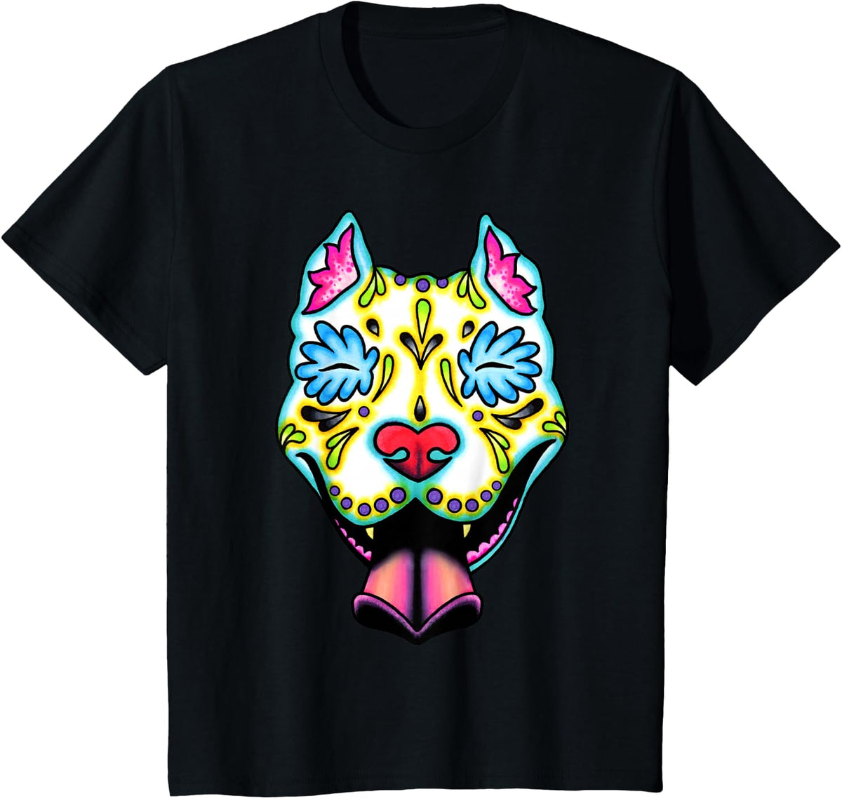 Slobbering Pit Bull - Day of the Dead Sugar Skull Pitbull T-Shirt - Black
