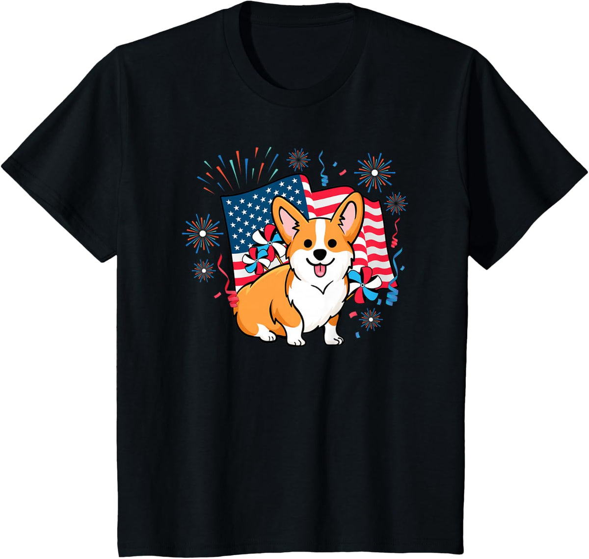 Corgi 4th of July American Flag Fireworks T-Shirt - Black