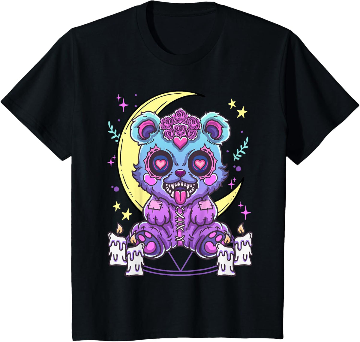 Cute Kawaii Creepy Pastel Goth Teddy Bear Cat Anime Menhera T-Shirt - Black