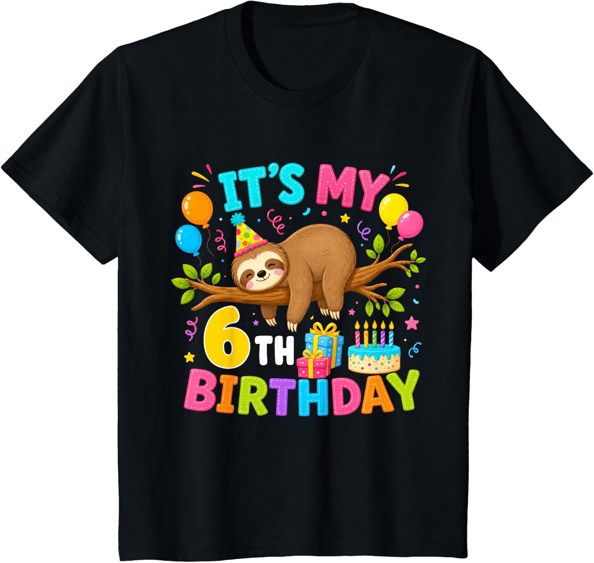 6th Birthday Animals Theme Party 6 Year Old Sloth Lover T-Shirt - Black