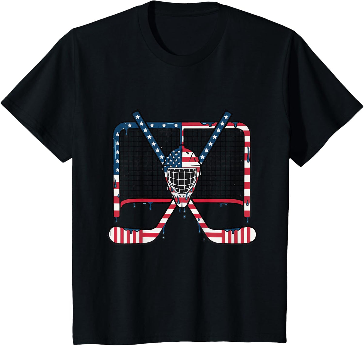Ice Hockey Drip Goalie Field American Flag Boys Youth Men T-Shirt - Black