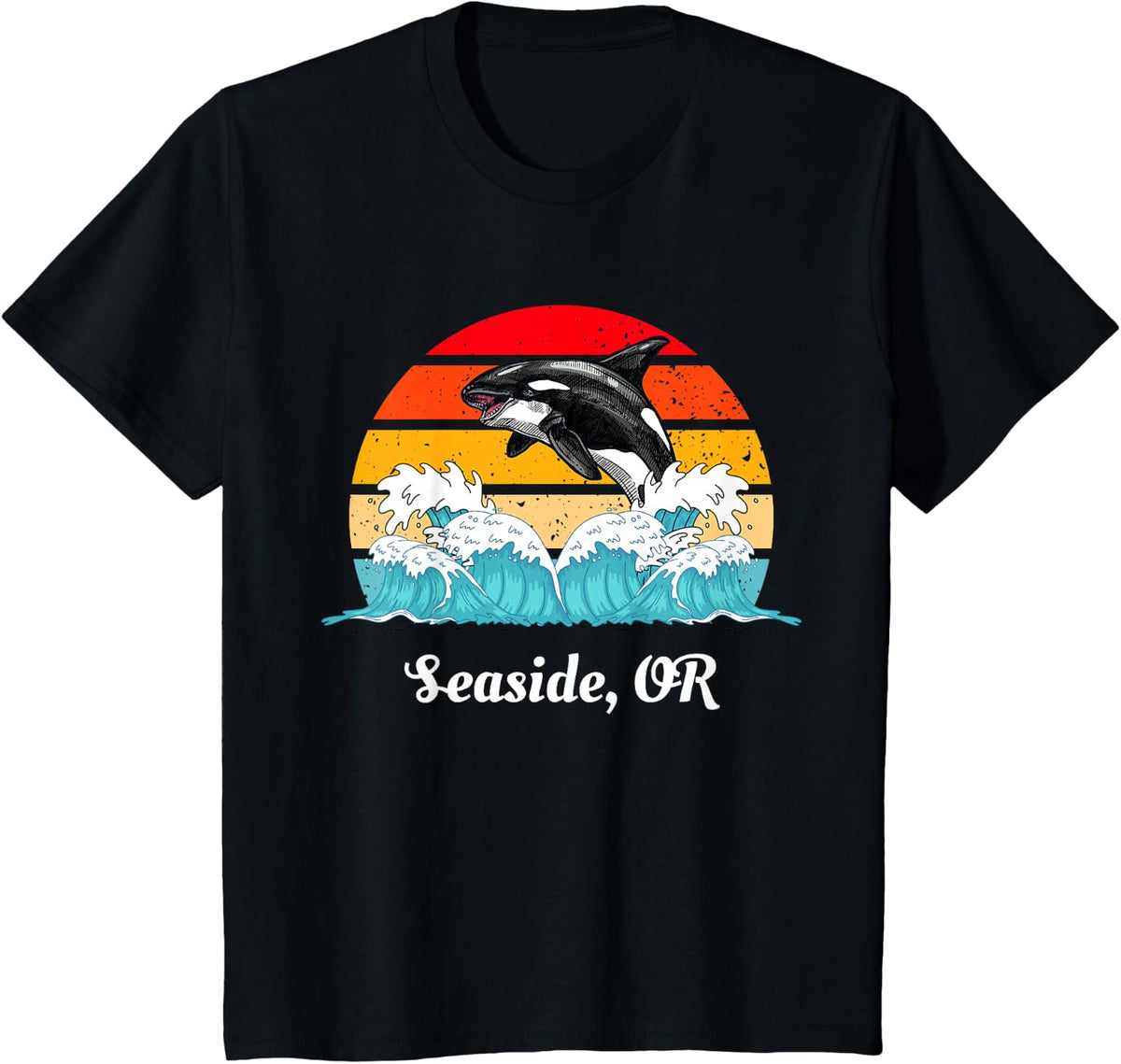 Vintage Seaside Oregon Distressed Orca Killer Whale Art T-Shirt - Black