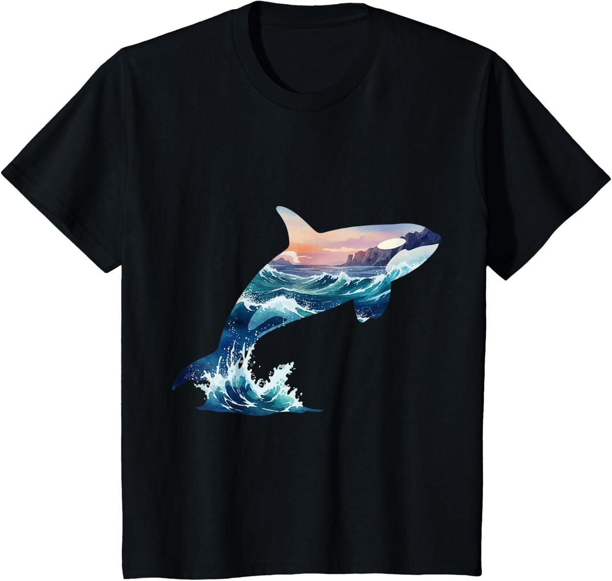 Majestic Orca Whale Silhouette Ocean Sunset Scene Art T-Shirt - Black