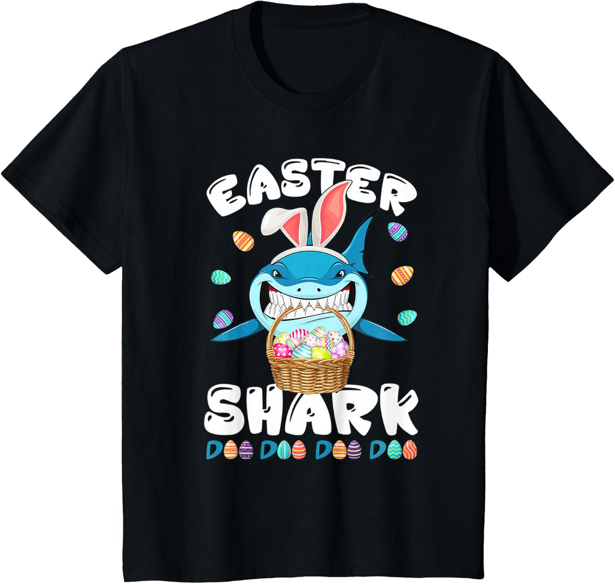 Cute Shark with Easter Basket and Bunny Ears Happy Easter T-Shirt - Black