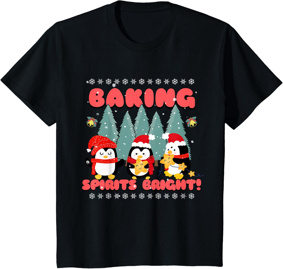 Festive Holiday Penguin Baking Spirits Christmas Graphic T-Shirt - Black
