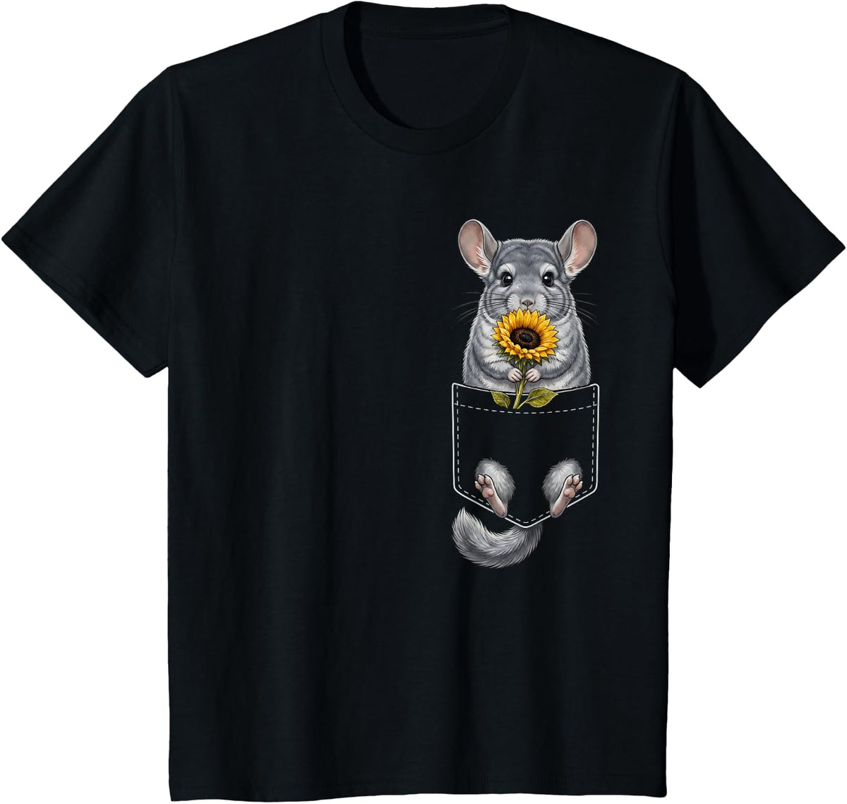 Chinchilla Pocket Holding Sunflower Animal Lover T-Shirt - Black