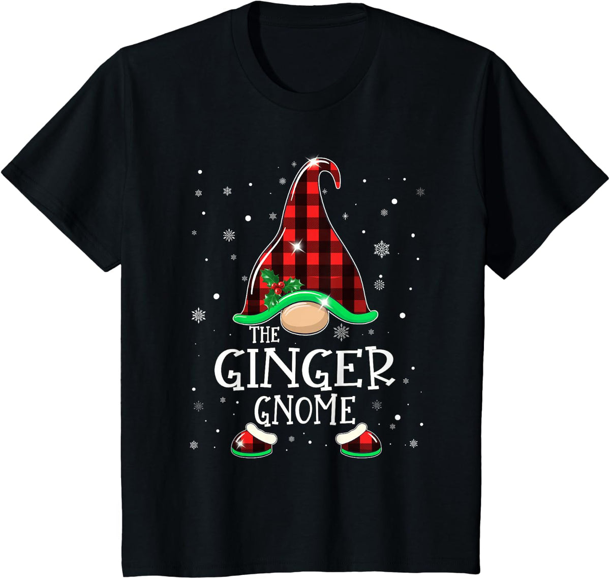 Funny Ginger Gnome Buffalo Plaid Matching Christmas Pajama T-Shirt - Black