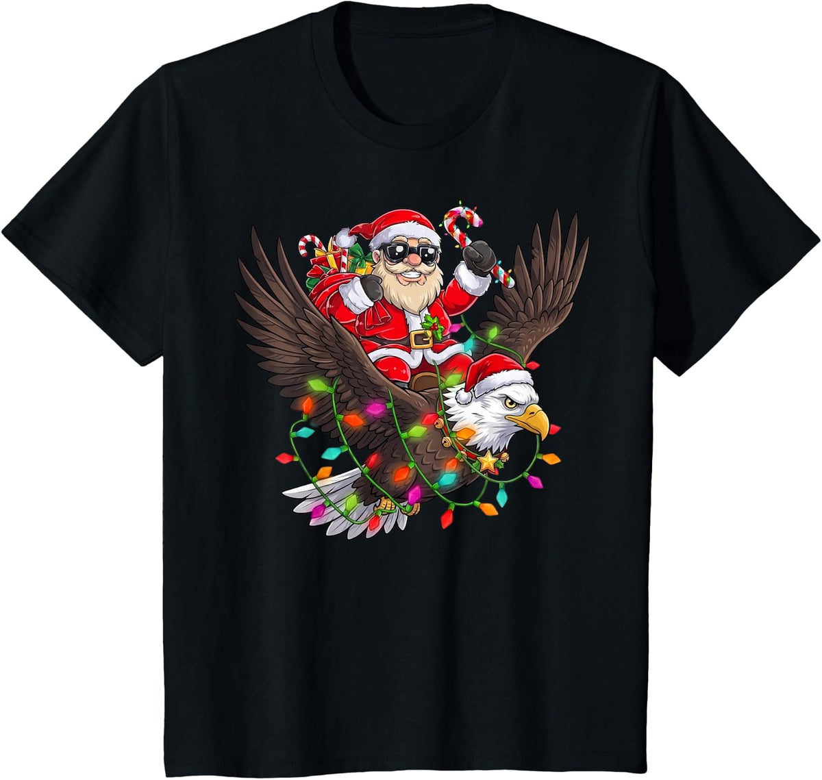 Santa Riding Eagle Christmas Xmas Lights Animal Funny T-Shirt - Black