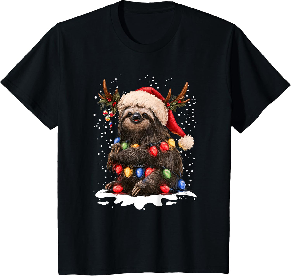 Retro Christmas Sloth Reindeer Animal Lover T-Shirt - Black