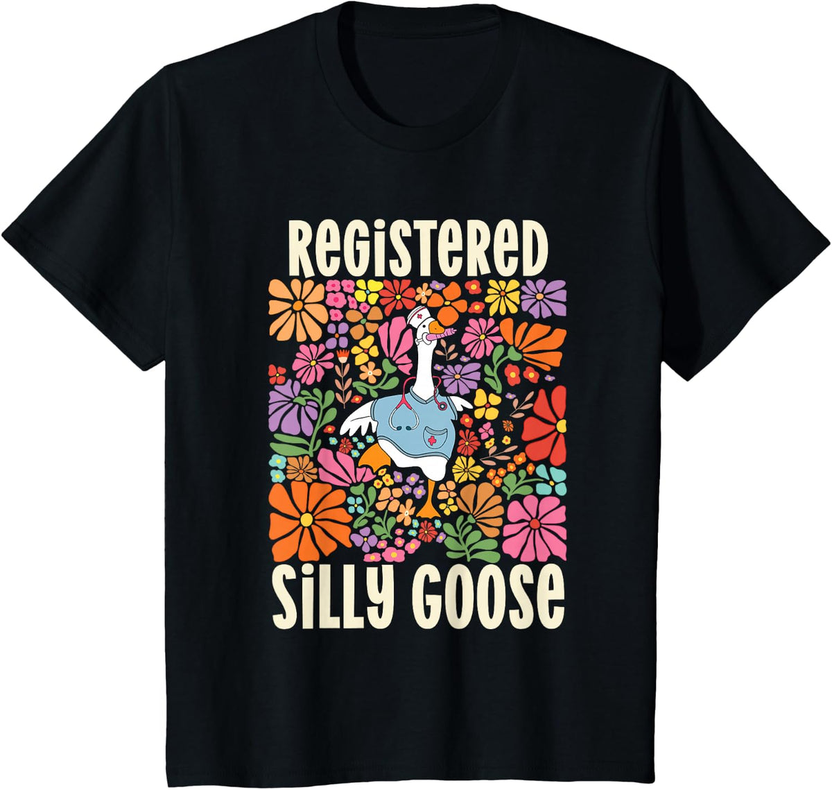 Registered Silly Goose RN Nurse Day University School Nurse T-Shirt - Black
