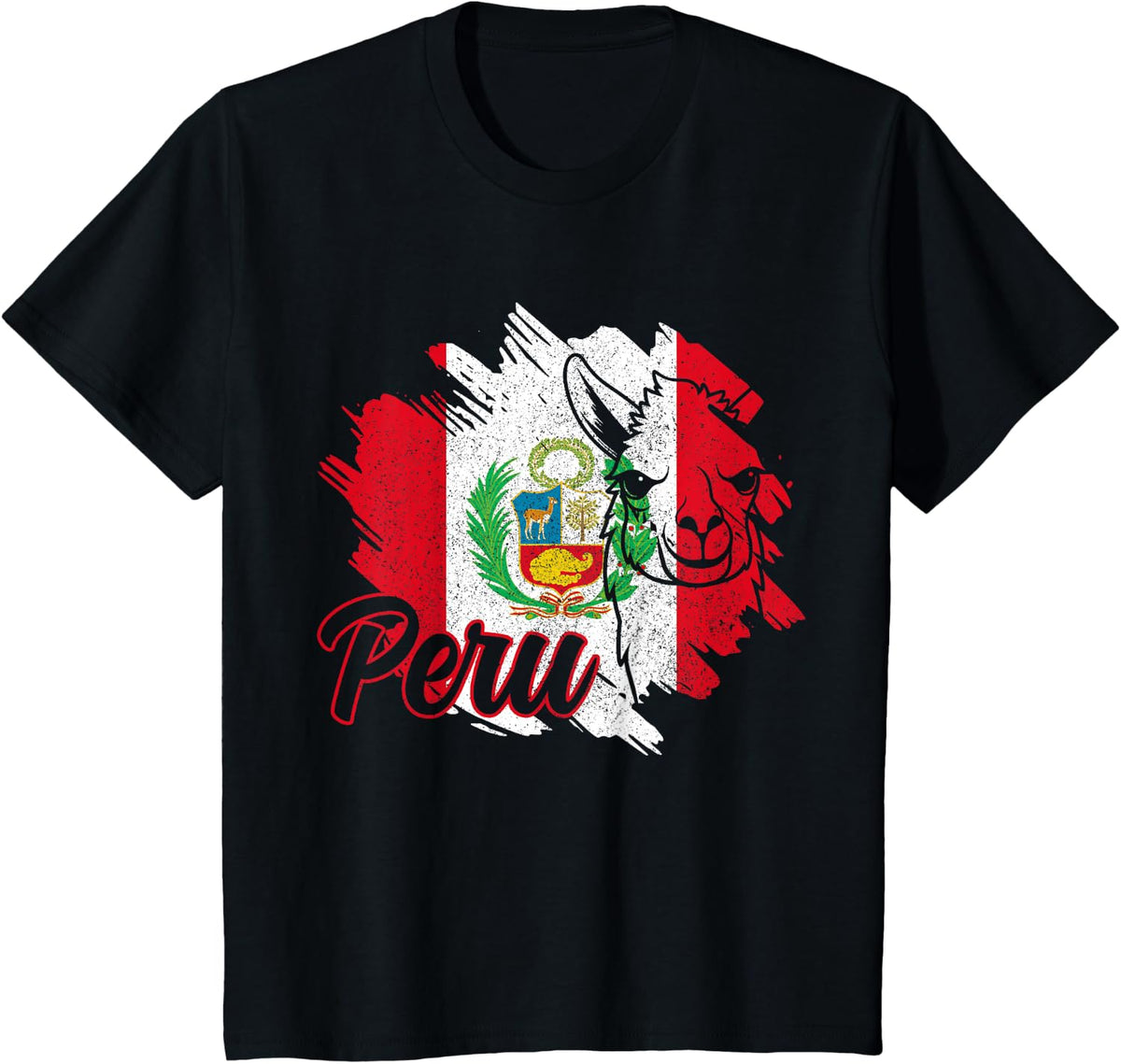Peru Llama Alpaca Peruvian Flag Pride Vintage Souvenir T-Shirt - Black