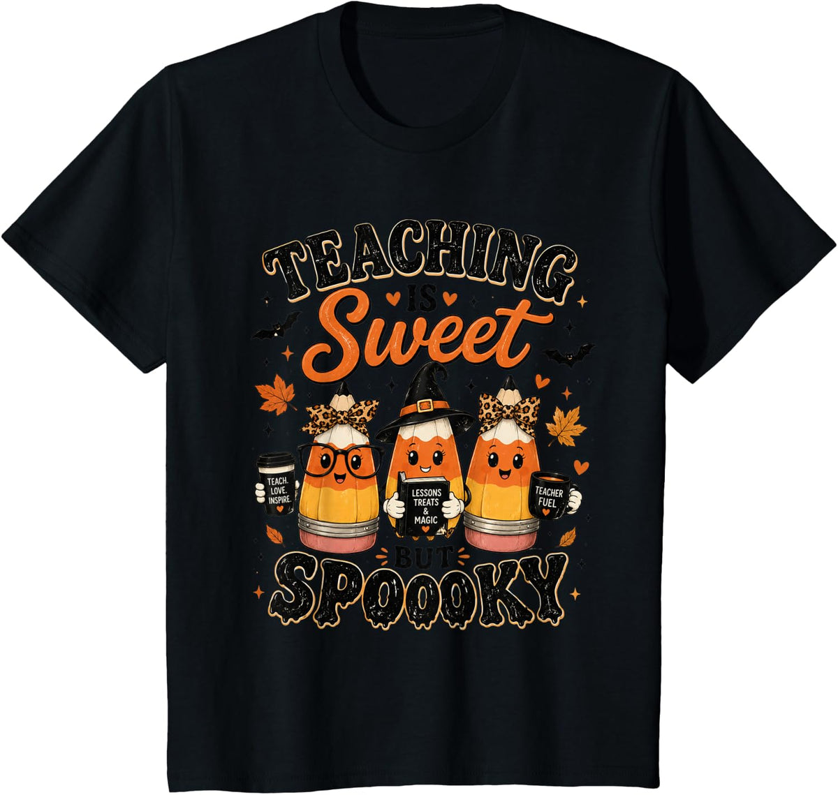 Teaching is Sweet Spooky Teacher Halloween Candy Corn T-Shirt - Black