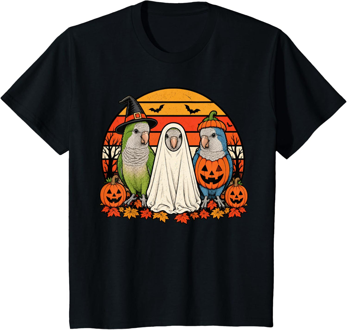 Spooky Quaker Parrot Pumpkin Ghost Halloween Bird T-Shirt - Black