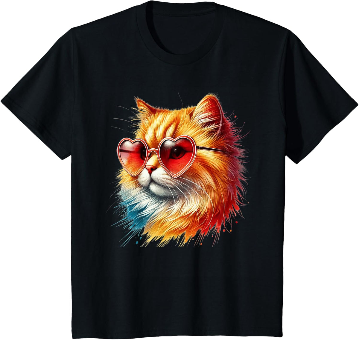 Cute Valentines Day Orange Cat Heart Sunglasses Women Men T-Shirt - Black