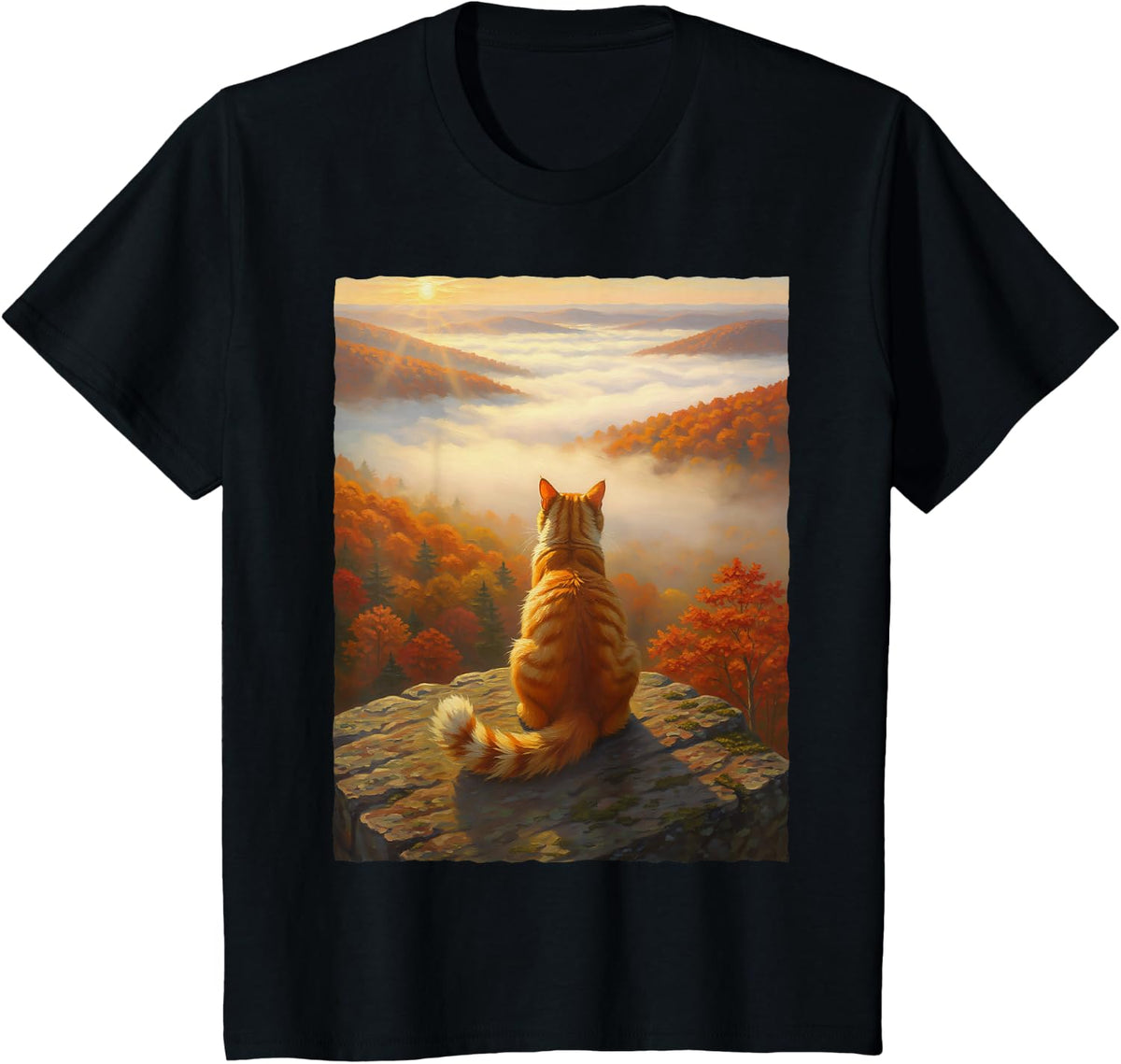 Ginger Orange Tabby Cat Autumn Mountain Forest Sunrise Art T-Shirt - Black