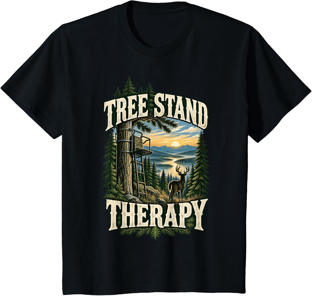 Tree Stand Therapy Funny Deer Hunting Hunter T-Shirt - Black