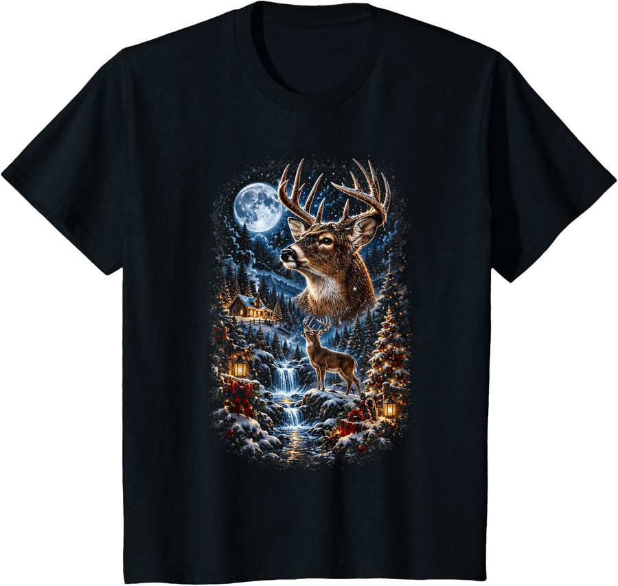 Christmas Whitetail Buck Moon Winter Wonderland Hunting Xmas T-Shirt - Black