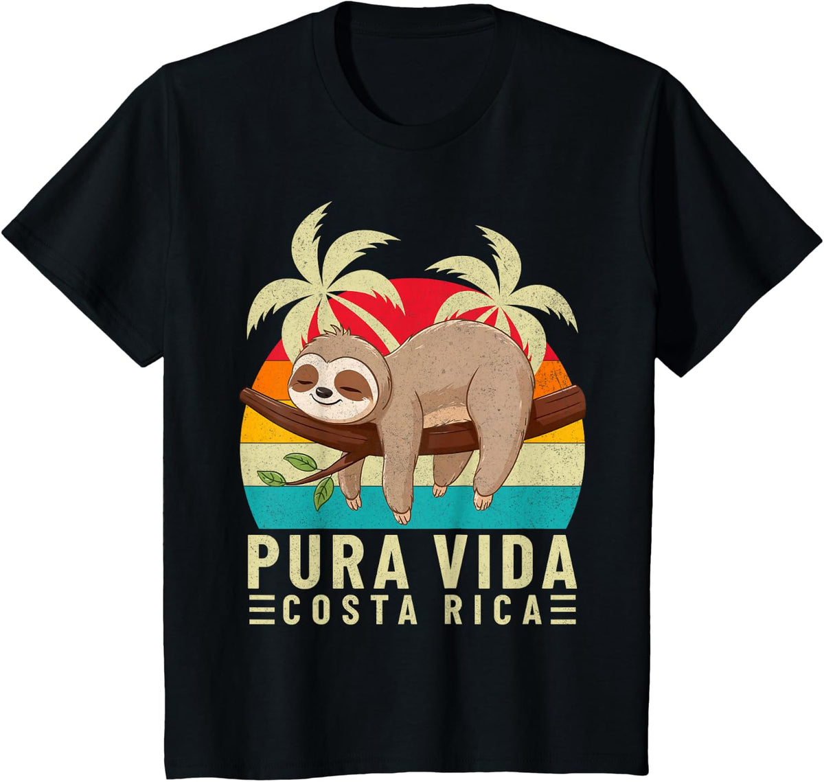 Pura Vida Beach Costa Rica Tropical Sunset Vintage Sloth T-Shirt - Black