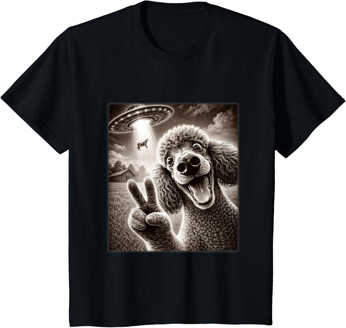 Vintage Poodle Selfie with UFO Alien Photobooth Dog Hi T-Shirt - Black