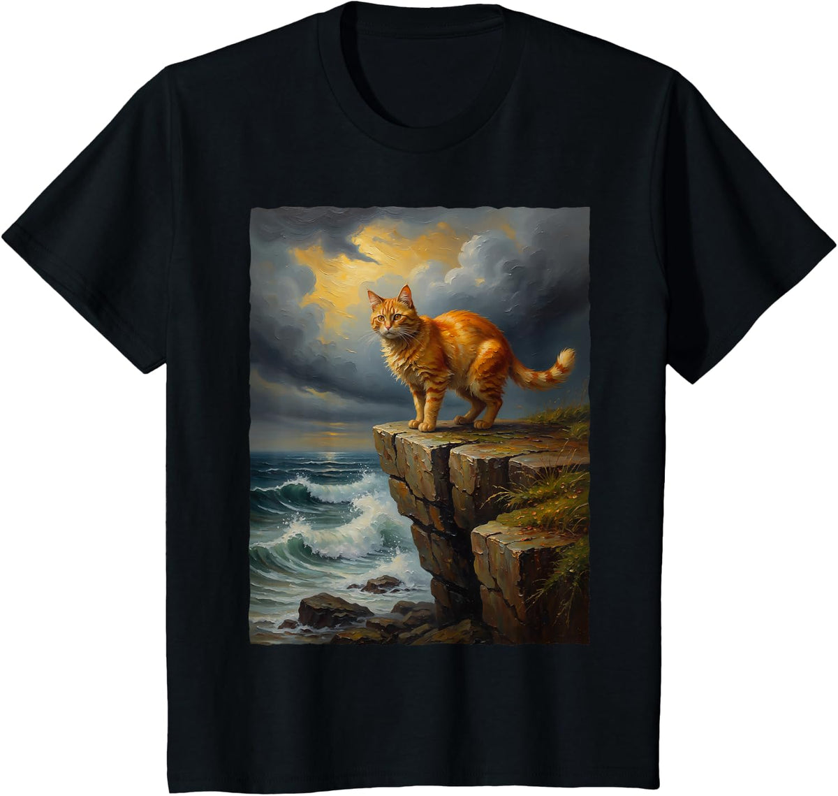 Ginger Cat On Ocean Cliff Orange Tabby Stormy Sea Waves Art T-Shirt - Black