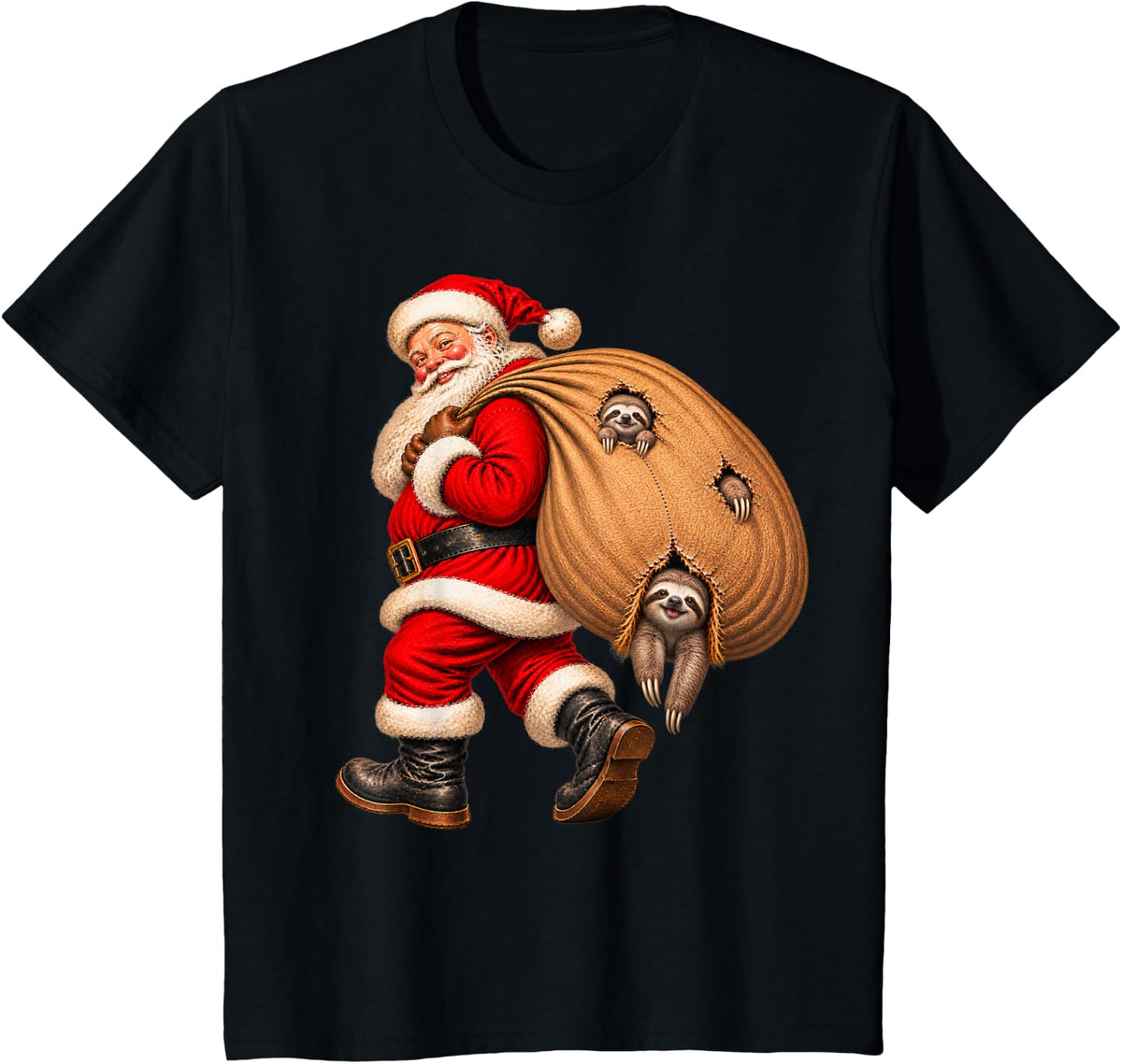 Santa Claus Delivering Sloth Presents Naughty T-Shirt - Black