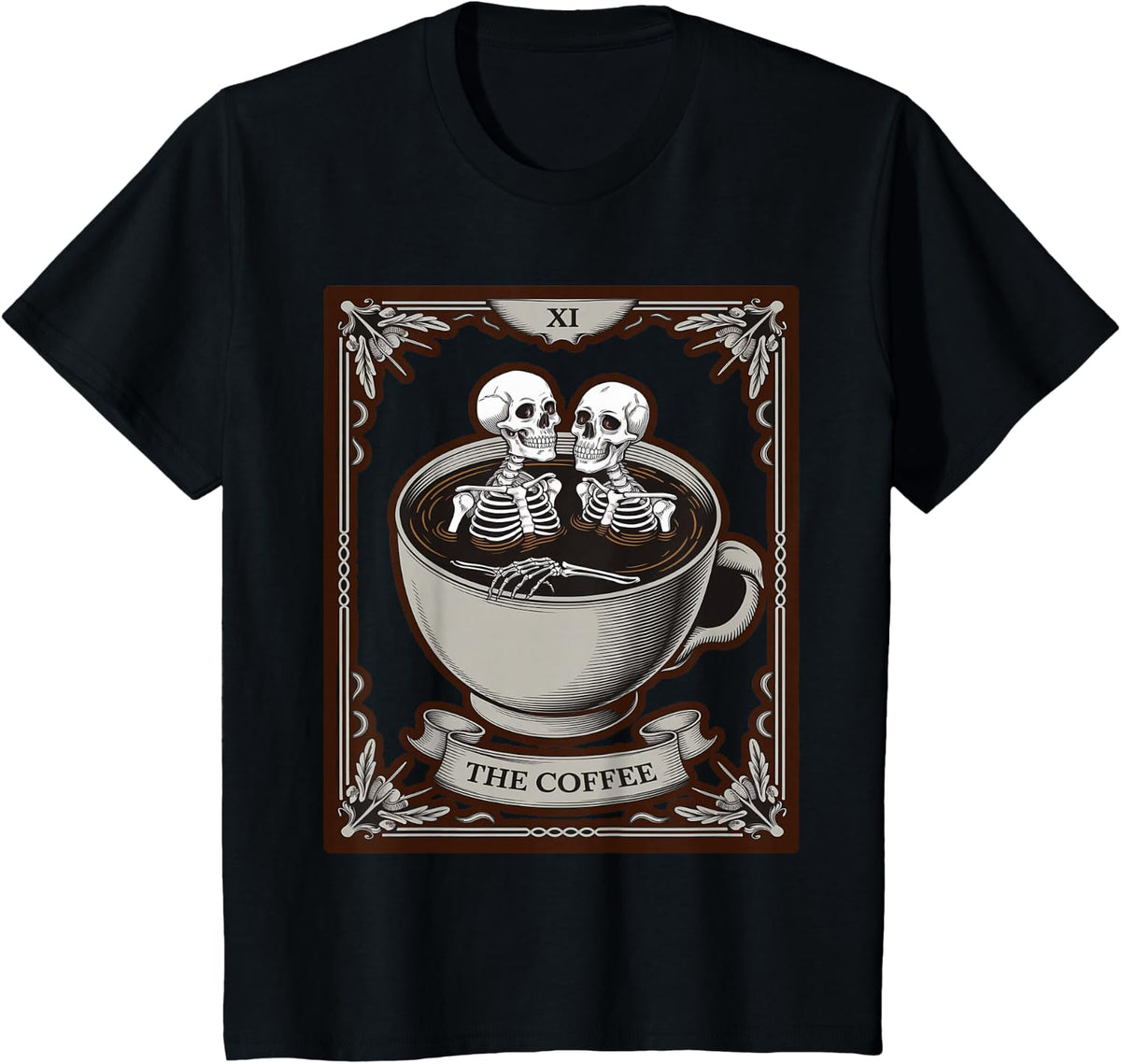 Skeleton Swimming In Coffee Cup Tarot Card Graphic Tee T-Shirt - Black