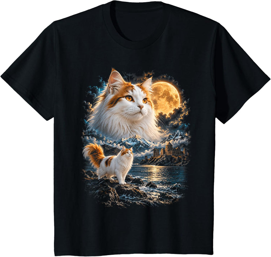 Turkish Van Cat Full Moon Coastal Castle Mountain Portrait T-Shirt - Black