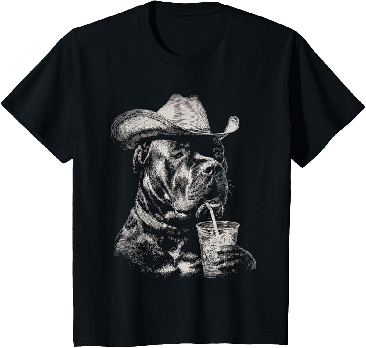 Rustic Cowboy Cane Corso Drinking Iced Coffee Western Dog T-Shirt - Black