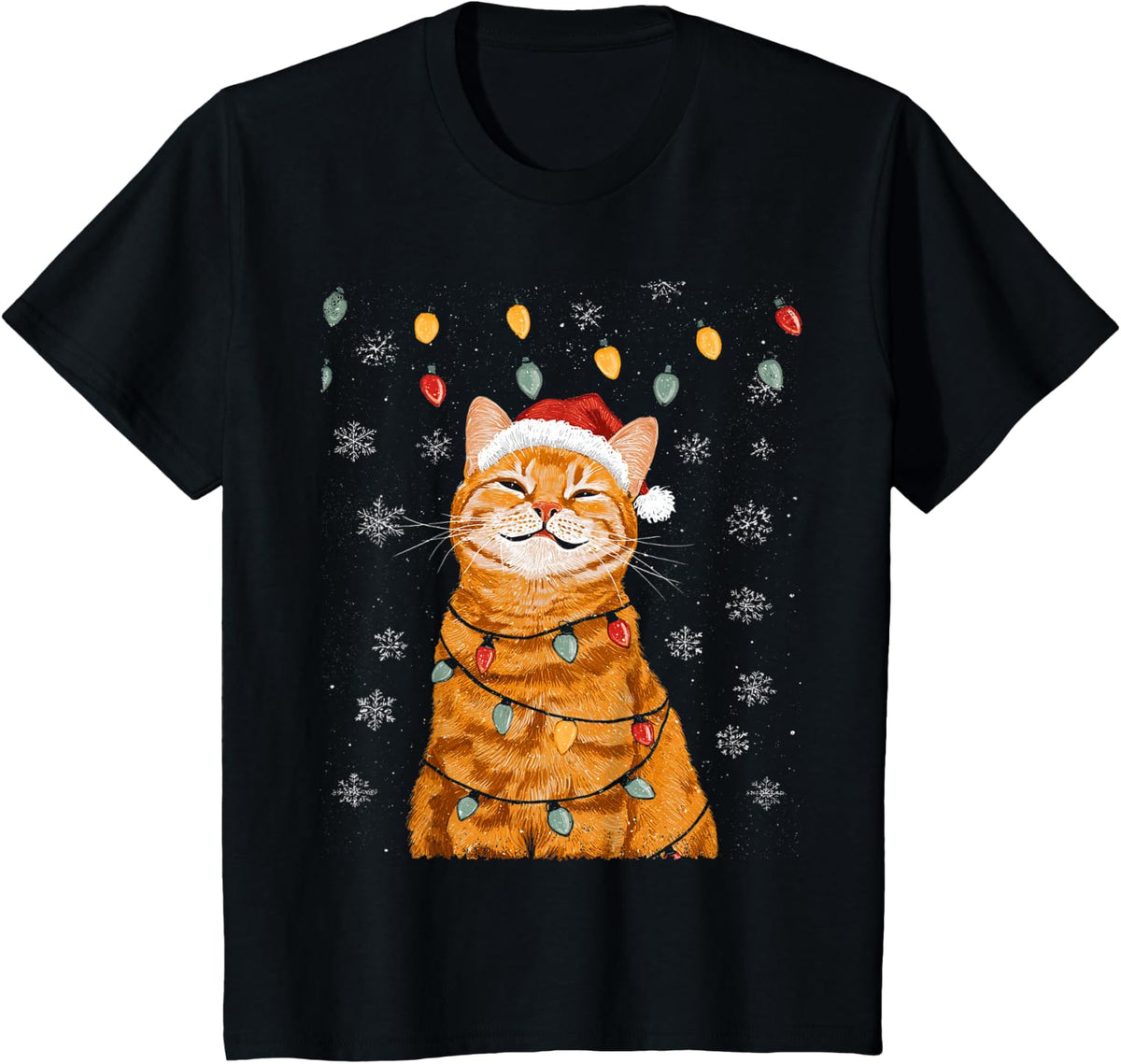 A Merry Christmas Lights Snowflake Ginger Cat Orange T-Shirt - Black
