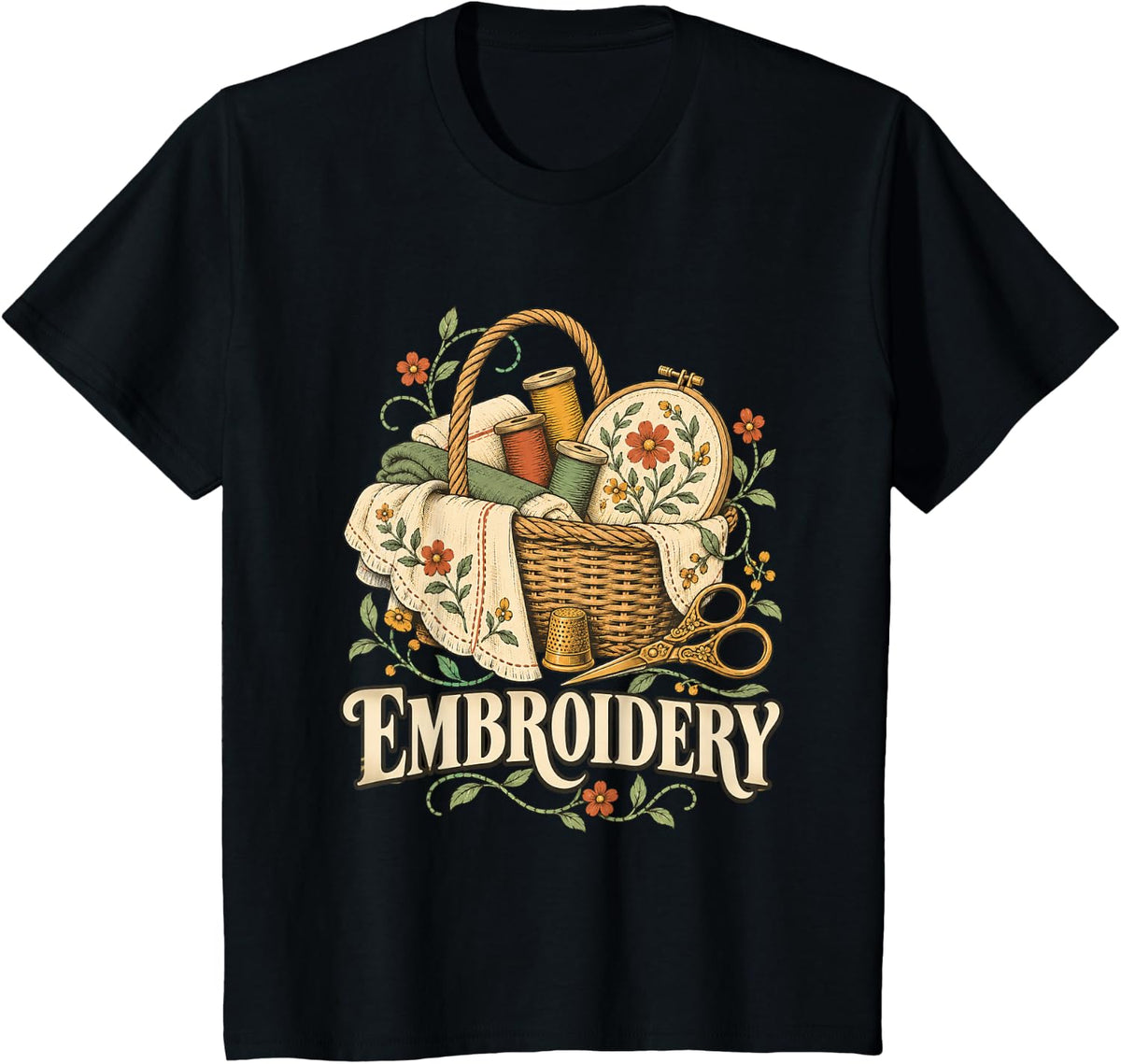 Embroidery Thread Basket Retro Illustration T-Shirt - Black