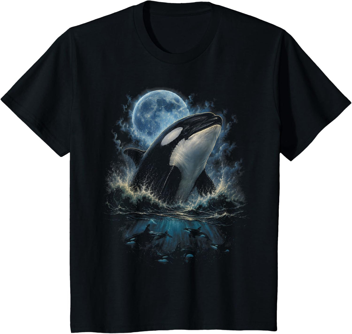 Orca Killer Whale Full Moon Ocean Wildlife Pod Art Scene T-Shirt - Black