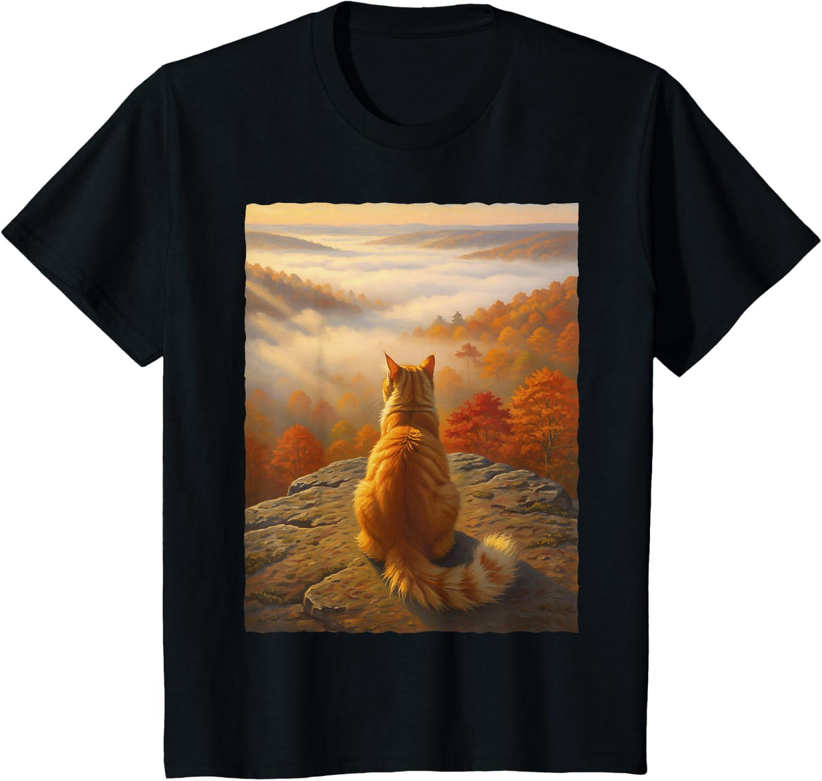 Ginger Cat Autumn Forest Mountain View Orange Tabby Nature T-Shirt - Black