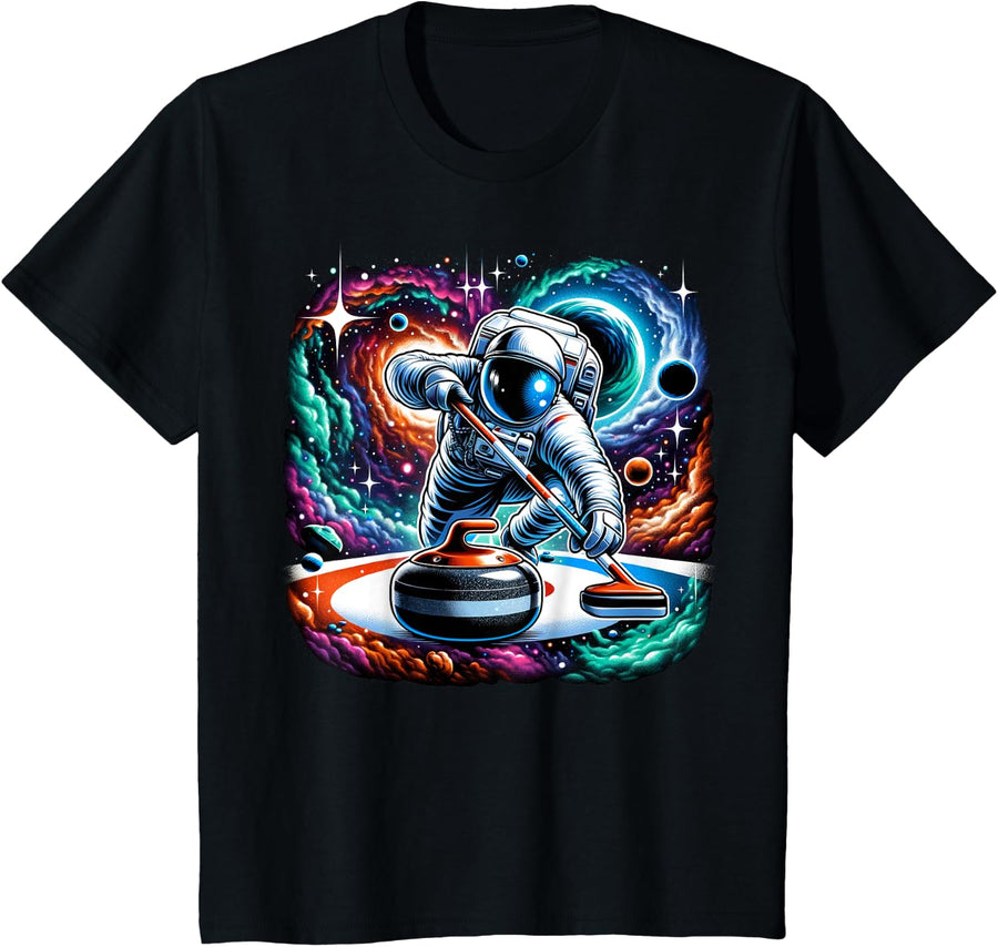 Funny Space Curling Astronaut on Curler T-Shirt - Black