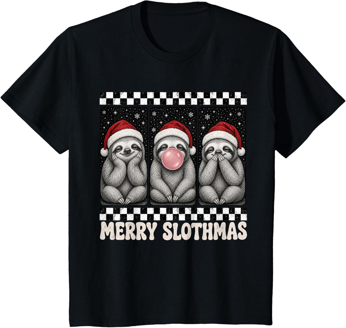 Merry Slothmas Cute Santa Hat Funny Christmas Pun Sloth T-Shirt - Black