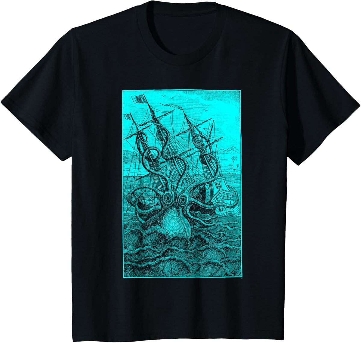 Giant Octopus Pirate Ship Vintage Kraken Sailing Squid T-Shirt - Black