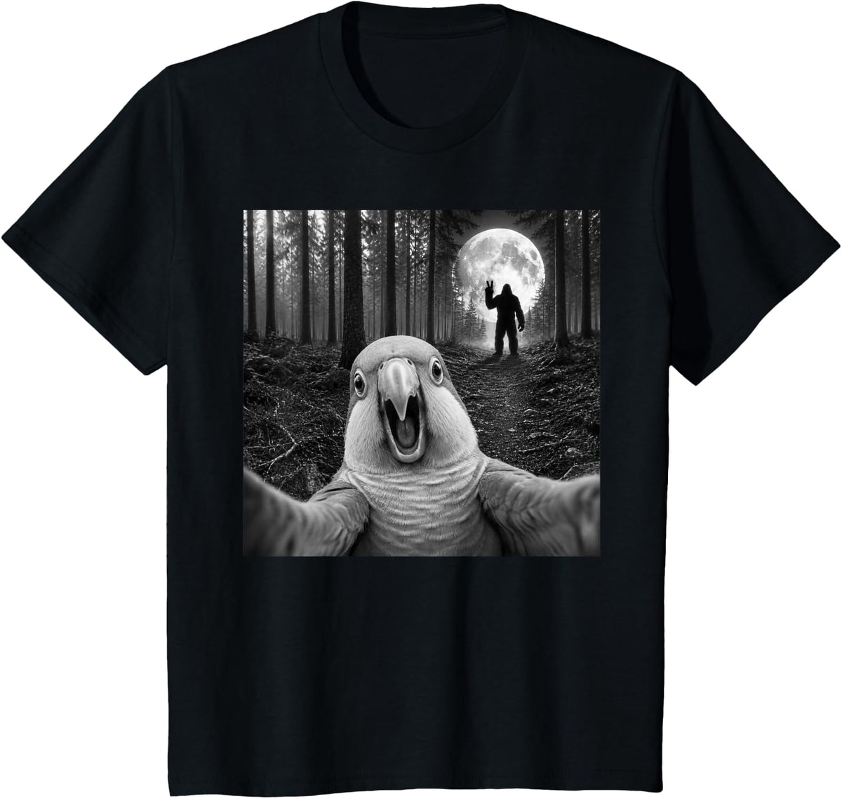 Quaker Parrot Selfie with Bigfoot Peace Sign Sasquatch T-Shirt - Black