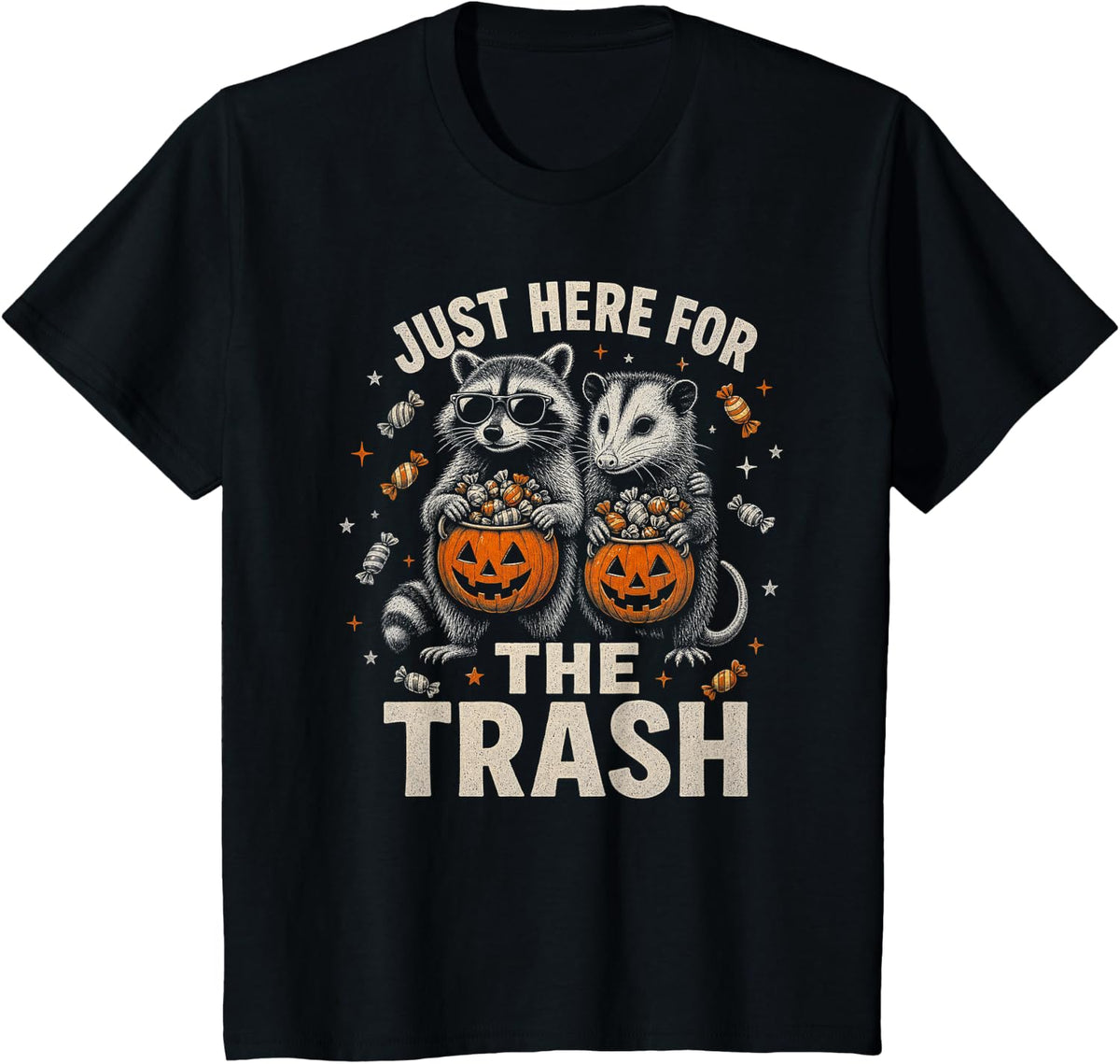 Halloween Raccoon Opossum Just Here for the Trash T-Shirt - Black